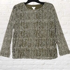 Chico's Tiered Mesh Lace Overlay Blouse Size 3 Olive Green Polka Dot Stretch XL